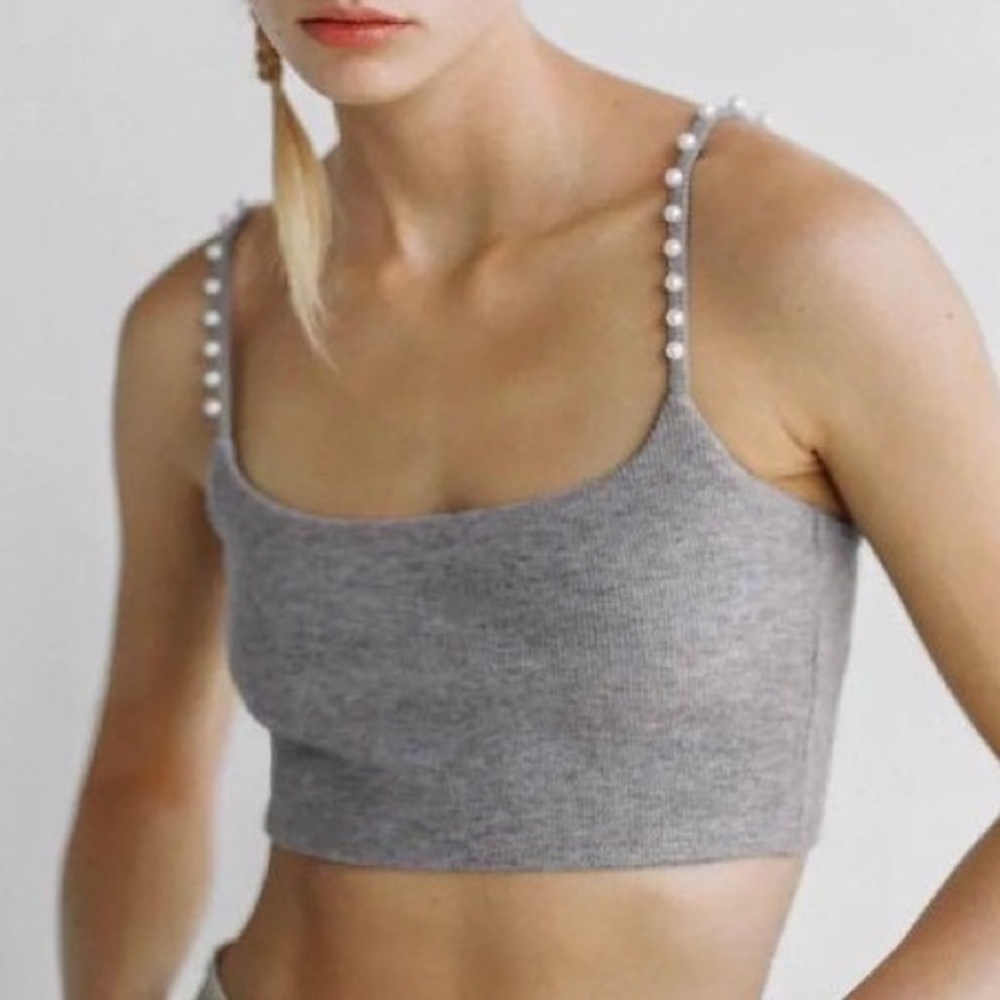 Zara Marl Grey Pearl Trim Crop Top
